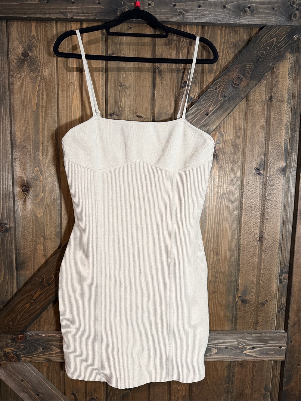 Babaton Cream Ribbed Spaghetti-Strap Mini Dress